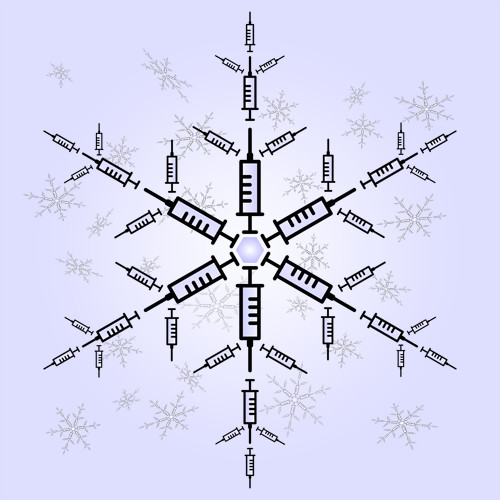 a drawing of a snowflake made up by smaller and bigger syringes