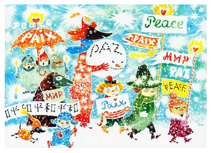 Teckning av Mumindalens invånare med budskapet 'fred'.